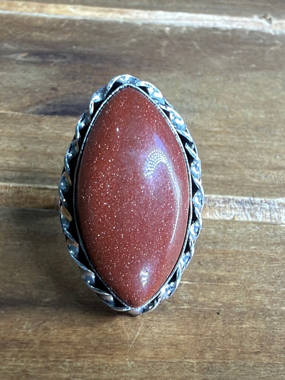 Southwestern Goldstone Gemstone Ring Size 8 Silver 925 Vintage Western Bohemian